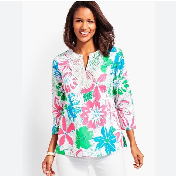 Talbots Lace Embroidered Bib Anguilla Floral Tunic Top XL Petite - Picture 1 of 5